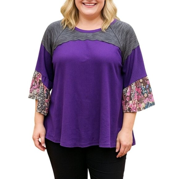 Calessa Size XL Colorblock Raglan Sleeve Purple Blouse Patterned Bell Sleeves - Picture 1 of 7
